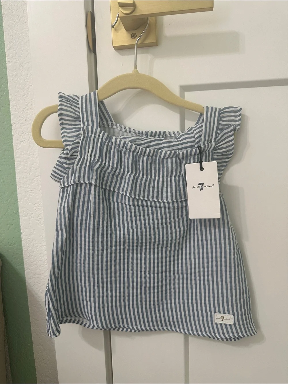7 For All Mankind Blue and White Striped Ruffle Tank Top